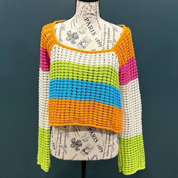✨ Wild Fable Vibrant Striped Crochet Crop Sweater ✨ - Picture 3 of 5